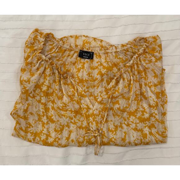 Vici Floral Long Sheer Blouse Women’s Medium Mustard Yellow Cottagecore Coquette - Picture 16 of 16